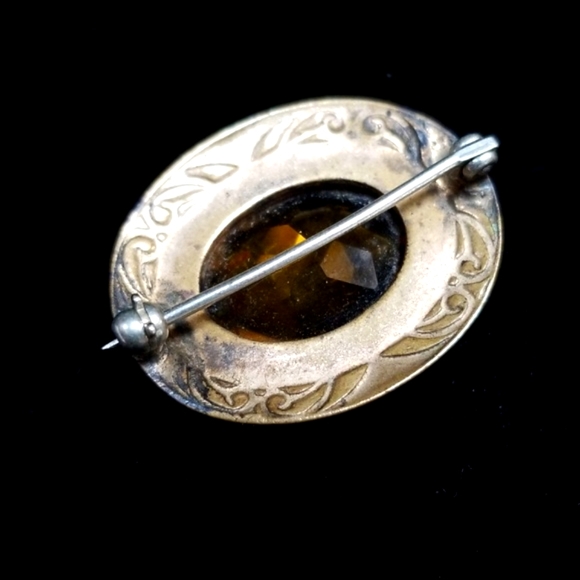 Vintage 1920s Art Deco Amber Citrine Glass Gold Tone Brooch - Picture 8 of 12